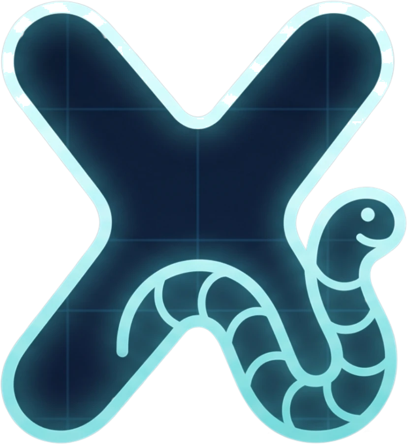 Wormy Scan Laboratory logo — a glowing cyan X wrapped with a cartoon worm